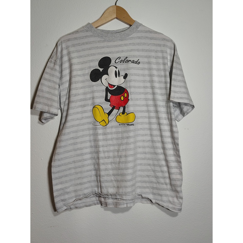Vintage Velva Sheen Mickey Mouse Colorado Striped T-Shirt XL Gray Made in USA